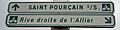 Panneau de présignalisation d'itinéraires cyclables (Saint-Pourçain tout droit, rive droite de l'Allier à droite).