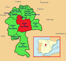 Mapa del sexmo de San Millán en la región de origen medieval de la Comunidad de Villa y Tierra de Segovia, de la que Valverde del Majano es capital