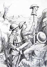A drawing shows three soldiers raising a dummy head on a stick above a trench parapet. A cigarette hangs from the dummy's mouth. One man holds a periscope at the ready