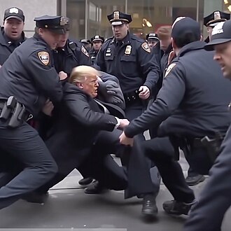 Journalist Eliot Higgins' Midjourney-generated image depicts former President Donald Trump getting arrested. The image was posted on Twitter and went viral.[108]