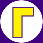 A yellow and purple gamma symbol on a white background