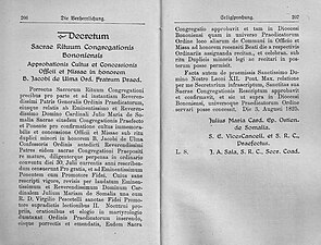 Décret latin du 3 août 1825 de la congrégation des Rites, approuvant le culte du bienheureux Jacques d'Ulm.