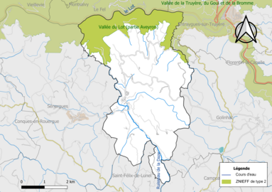 Carte de la ZNIEFF de type 2 de la commune.