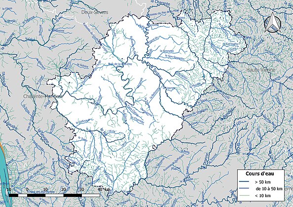 Carte de l'ensemble du réseau hydrographique de la Charente.