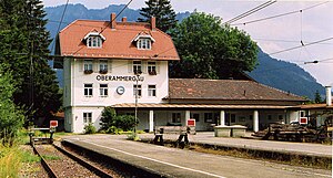 Three-story building with gabled roof