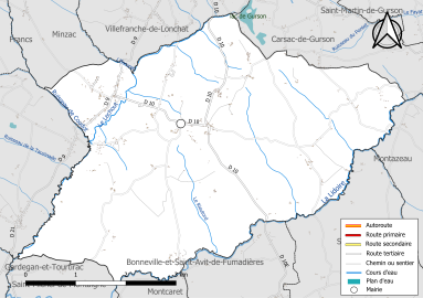 Carte en couleur présentant le réseau hydrographique de la commune