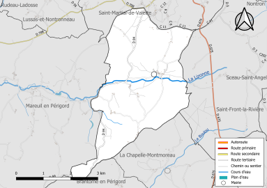 Carte en couleur présentant le réseau hydrographique de la commune