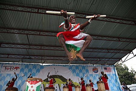 A Burundian drummer and dancer performing at the Amani Festival
