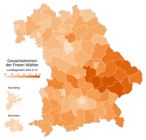 Freie Wähler ﻿Höchstwert: 32,5 % (Landshut) ﻿Tiefstwert: 4,6 % (München-Mitte)