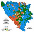 Stanovništvo BiH prema popisu iz 1953. Hrvati - narančasta, Srbi - plava, neopredjeljeni Muslimani - zelena