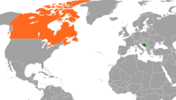 Map indicating locations of Bosnia and Herzegovina and Canada