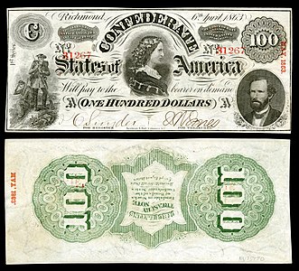 One-hundred Confederate States dollar (T56), by Keatinge & Ball