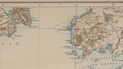 Highlighted map from 1890s indicating the Arginusae islands (now Garip Islands and Kalem Island). Original map by Heinrich Kiepert (1818–1899)