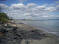 A northward view of the same stretch of beach with the seabath structures of Den Permanente on the horizon.