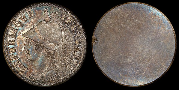 Two-decimes coin, obverse-only strike at French franc, by Pierre-Joseph Lorthior