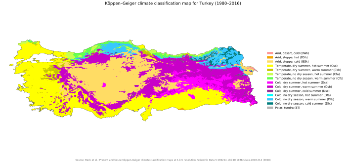 map of Turkey, roughly a horizontal rectangle, showing a complex pattern of climate types, including a far amount of cold especially in the north and east