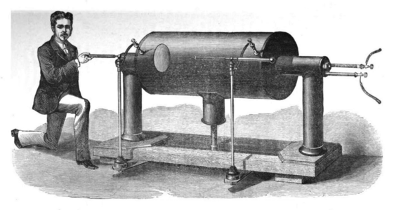 An induction coil built in 1876 by British electrical instrument maker Alfred Apps (1839–1913) for Spottiswoode. Among the largest of its kind, this coil could generate a spark 42 inches (106 cm) long, equating to an approximate voltage of 1.2 million volts. It was powered by 30 quart size liquid batteries and a separate interrupter.