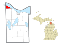 Location within Cheboygan County (red) and a portion of the administered village of Mackinaw City (pink)