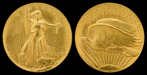 Saint-Gaudens double eagle, Roman numerals, ultra high relief, by Augustus Saint-Gaudens and the United States Mint