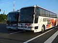 早朝の双葉SAに休憩する夜行バス（左）伊予鉄バス オレンジライナーえひめ号（右）南海バスウィング南部ドリーム和歌山号 当SAは、多くの高速バスが休憩箇所に指定されている。