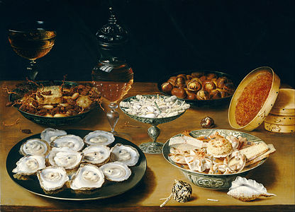 Dishes with Oysters, Fruit, and Wine at Still life, by Osias Beert