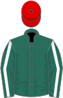 Forest green, white horseshoe, white seams on sleeves, red cap