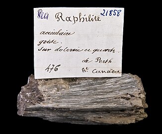 Trémolite (Syn.Raphilite) - Perth Ontario Canada - 6 x 3 cm Billet autographe de Gilbert Joseph Adam