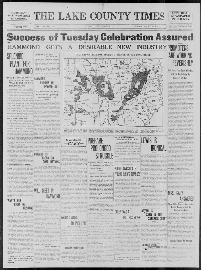 alt=Caption Reads: While there are coal deposits in many of the states of the union those shown in the accompanying map are the greats sources of supply and the ones which are affected chiefly by the strike of bituminous miners. Because the Illinois and Ohio miners are better organized than are the miners elsewhere, those states are hardest hit by the strike. Many thousands of non-union miners are still at work, particularly in the fields of Pennsylvania, West Virginia and Utah. The anthracite miners are not affected by the strike -The Lake County Times, November 4, 1919