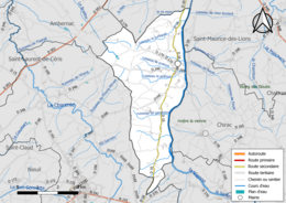 Carte en couleur présentant le réseau hydrographique de la commune