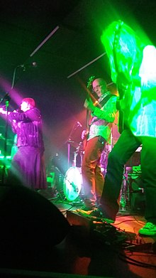 Curved Air live in 2018. Sonja Kristina (Left), Chris Harris (Centre), Kit Morgan (Right), Andy Tween (Obscured)