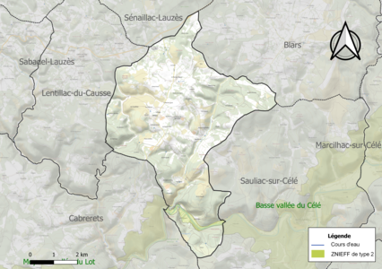 Carte de la ZNIEFF de type 2 sur la commune.