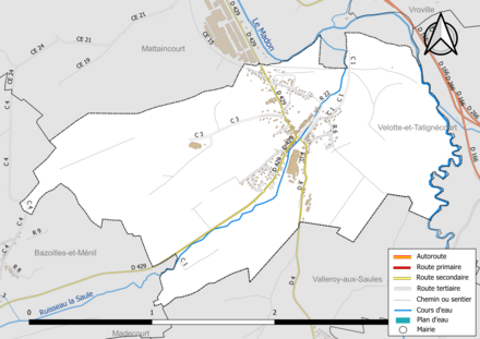 Carte en couleur présentant le réseau hydrographique de la commune