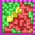 Exemple de code DataMatrix, représentant le texte "Wikipedia" coloré pour montrer données (vert), remplissage (jaune), correction d'erreur (rouge), repères et timing (magenta) et inutilisation (orange).