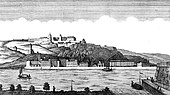 Il Castello di Philippsburg a Coblenza (residenza dal 1632 al 1786, distrutto nel 1801) in basso a sinistra, l'edificio del dicastero (conservato) in basso a destra, sopra la Fortezza di Ehrenbreitstein, 1789