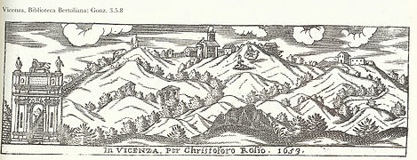 Gravure de Cristoforo Rosio, 1653 [2], avec l'arc de la Scalette, le Monte Berico, l'église et l'apparition de la Madone.