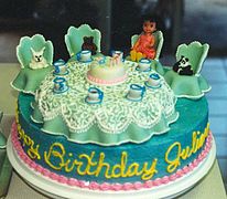 Birthday cake garnished with a birthday party diorama