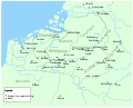 Image 5Southern part of the Low Countries with bishopry towns and abbeys c. 7th century. Abbeys were the onset to larger villages and even some towns to reshape the landscape. (from History of Belgium)
