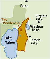 Approximate location of the fictional Ponderosa Ranch, the home of Cartwright family. The map is oriented with North at the top, instead of East as in the version associated with the TV show Bonanza