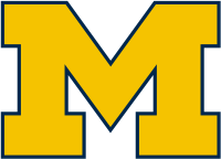 A blue block M with maize-colored borders and the word Michigan across the middle.