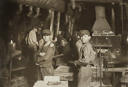 Child labor at glass and bottle factories at National Child Labor Committee, by Lewis Hine (edited by Mvuijlst)