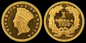 Obverse and reverse of a 1856 Type 3 Indian-head gold dollar