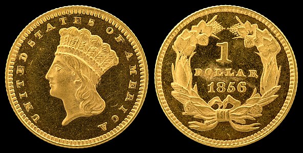 Indian Head gold dollar from 1856, by James B. Longacre and the United States Mint (edited by Godot13)