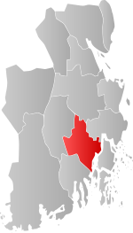 Mapa do condado de Vestfold og Telemark com Stokke em destaque.