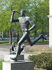 Bronze sculpture by Rudolf Oelzner in front of DHfK, Speerwerfer (javelin thrower)