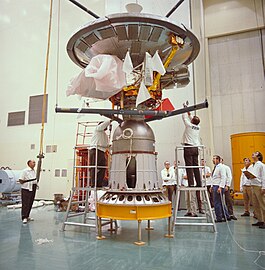 Pioneer 10 on a Star-37E kick motor just prior to being encapsulated for launch (February 1972)