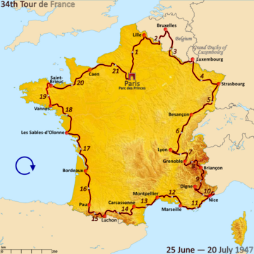 Route of the 1947 Tour de France followed clockwise, starting and finishing in Paris