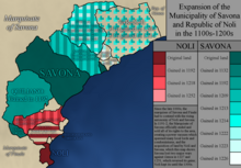 A map showing the expansion of the Municipality of Savona and Republic of Noli during the 1100s and 1200s. Sources are listed in the image's description.