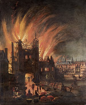 ציור שמן משנת 1670 לערך המתאר את הלדגייט עולה בלהבות במהלך השריפה הגדולה של לונדון, שברקע הציור מתוארת קתדרלת סנט פול הישנה המתחילה להישרף.