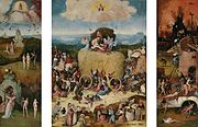 耶羅尼米斯·波希的《乾草車三聯畫（英语：The Haywain Triptych）》，中幅135 × 100cm，左右兩幅各135 × 45cm，約繪於1495－1500年，來自腓力二世的收藏[21]