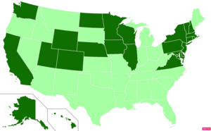 States in the United States by median family household income according to the U.S. Census Bureau American Community Survey 2013–2017 5-Year Estimates.[257] States with median family household incomes higher than the United States as a whole are in full green.